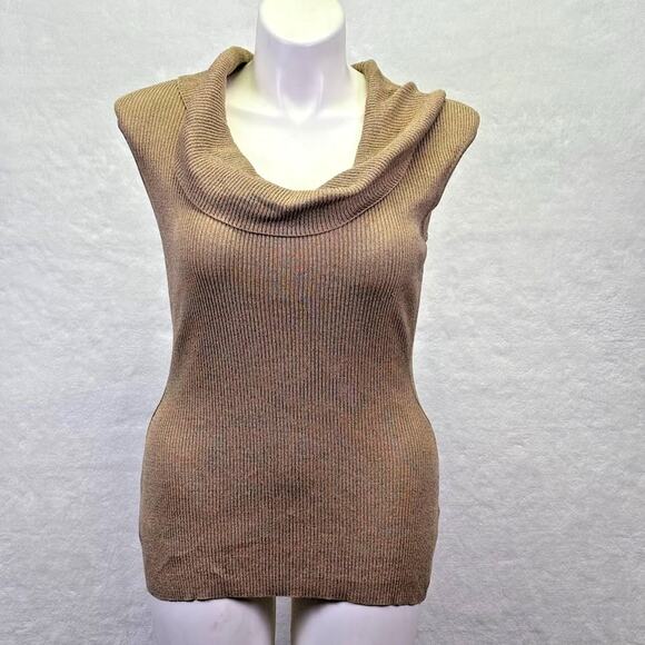 Coldwater Creek Cowl Neck Ribbed Sleeveless Silk Sweater Tunic Camel Size M - Picture 3 of 11